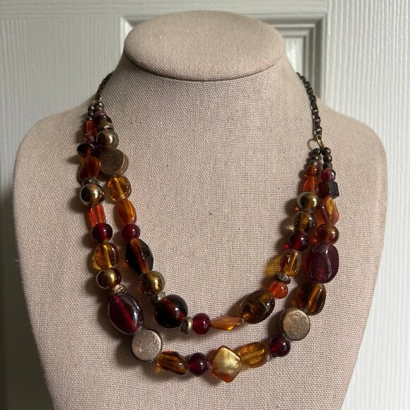Boho Glass Beaded Fall Colors Red Orange Honey Amber Brass Tone Costume Necklace - Picture 3 of 8